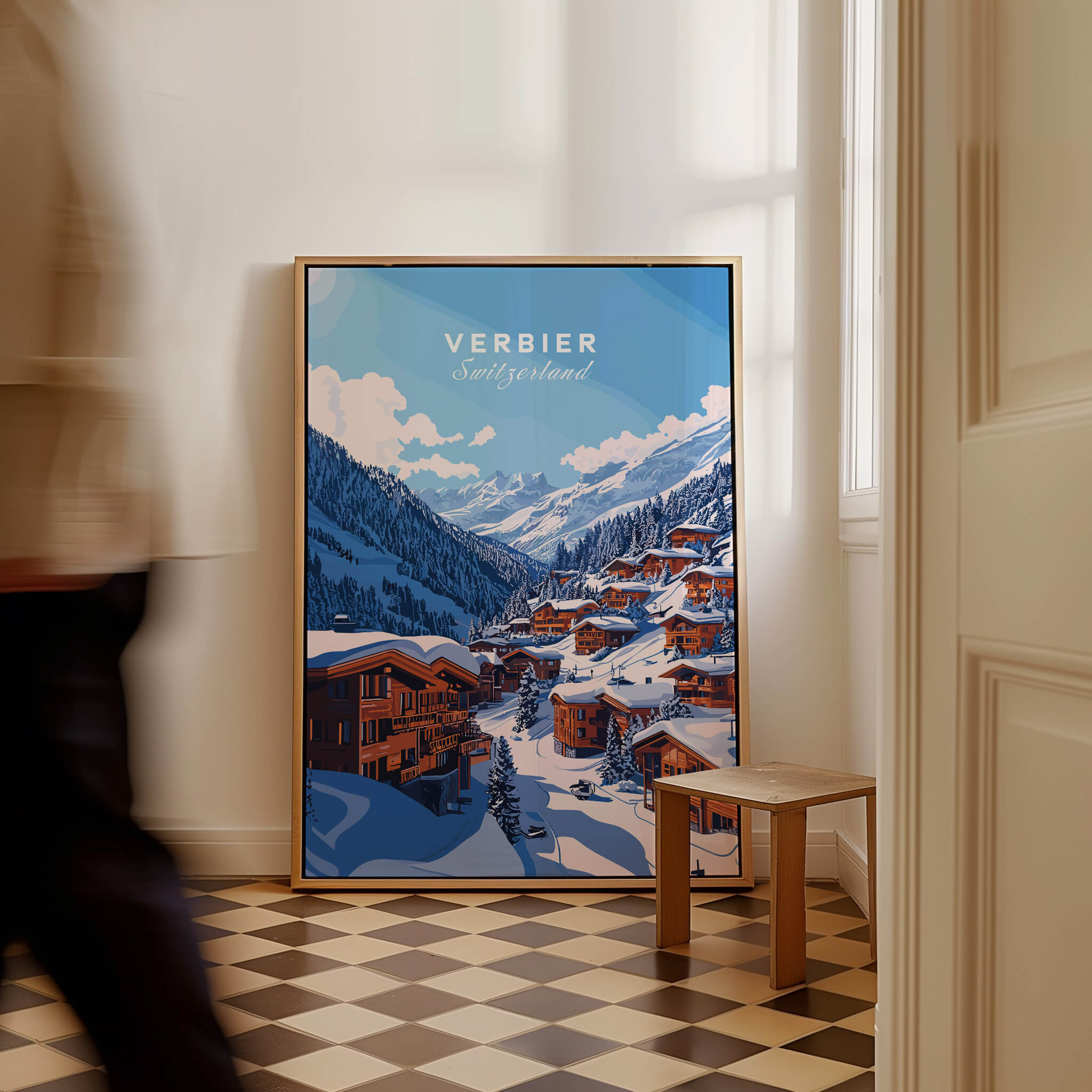Verbier Travel Print showcasing a stunning mountain scene in Verbier, Switzerland, perfect for ski enthusiasts.