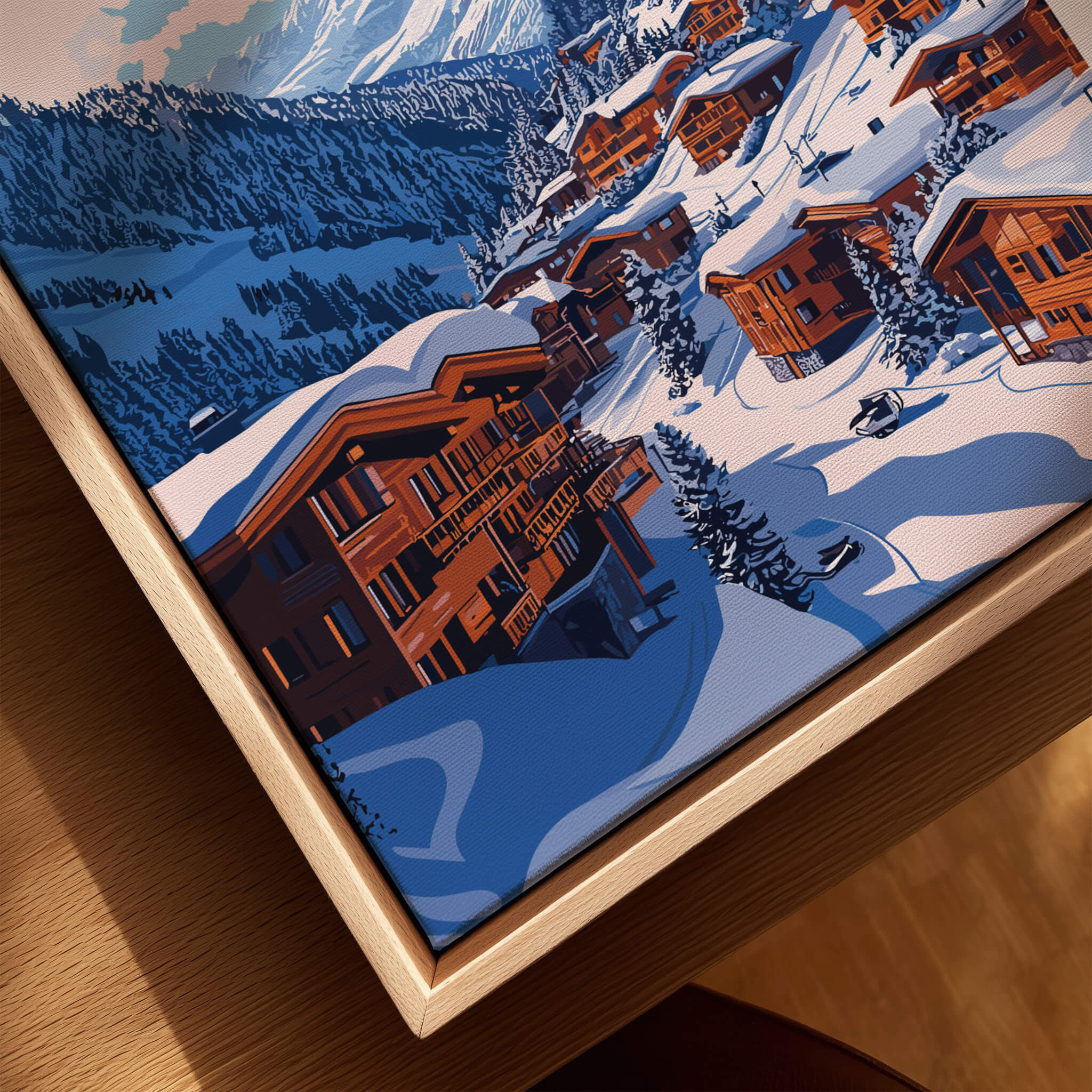 Verbier Travel Print showcasing cozy chalets surrounded by snow-covered mountains and trees, ideal for ski lovers.