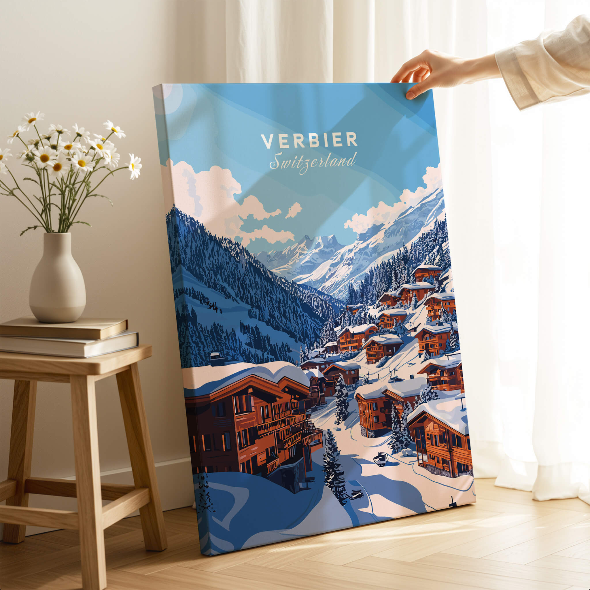 Verbier Travel Print showcasing a scenic winter view of Verbier, Switzerland, perfect for ski enthusiasts and home decor.