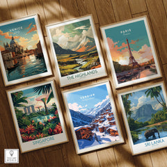A collection of travel prints including Verbier Travel Print, showcasing scenic locations like Venice, Paris, and The Highlands.