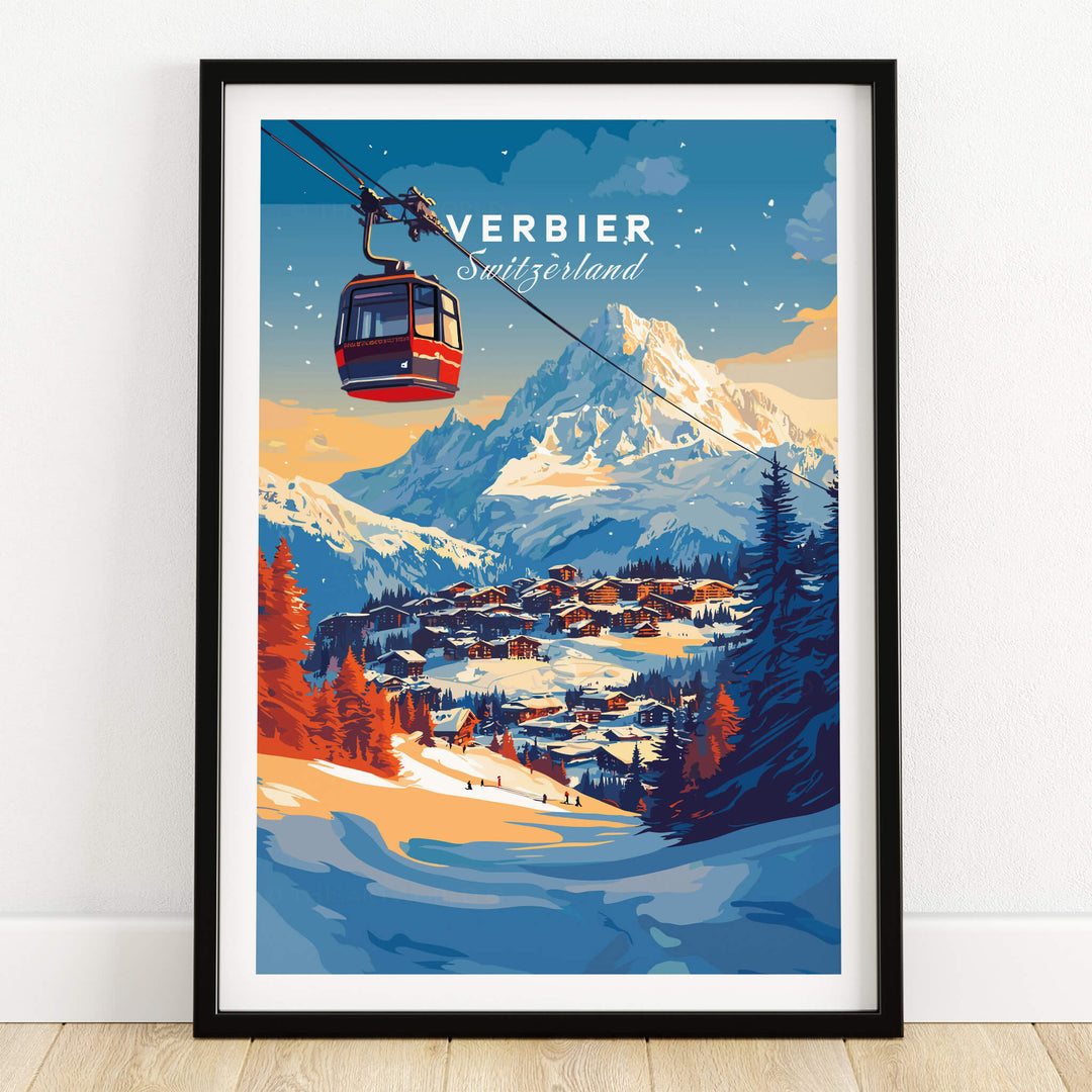 Verbier Wall Art featuring a ski cable car and mountain landscape adds charm to any decor.
