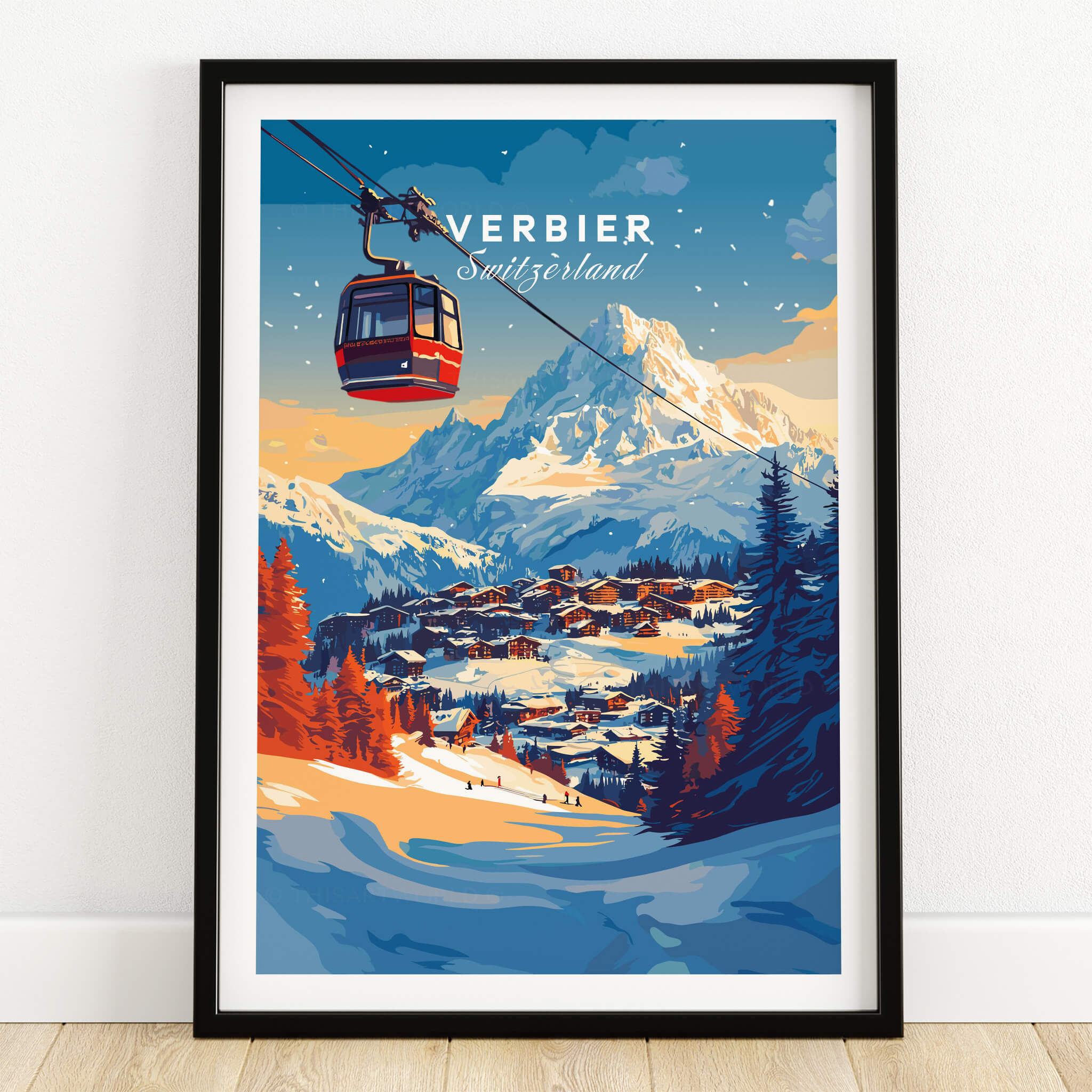 Verbier Wall Art featuring a ski cable car and mountain landscape adds charm to any decor.