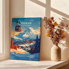 Verbier Wall Art featuring a ski print in a bright room with flowers.