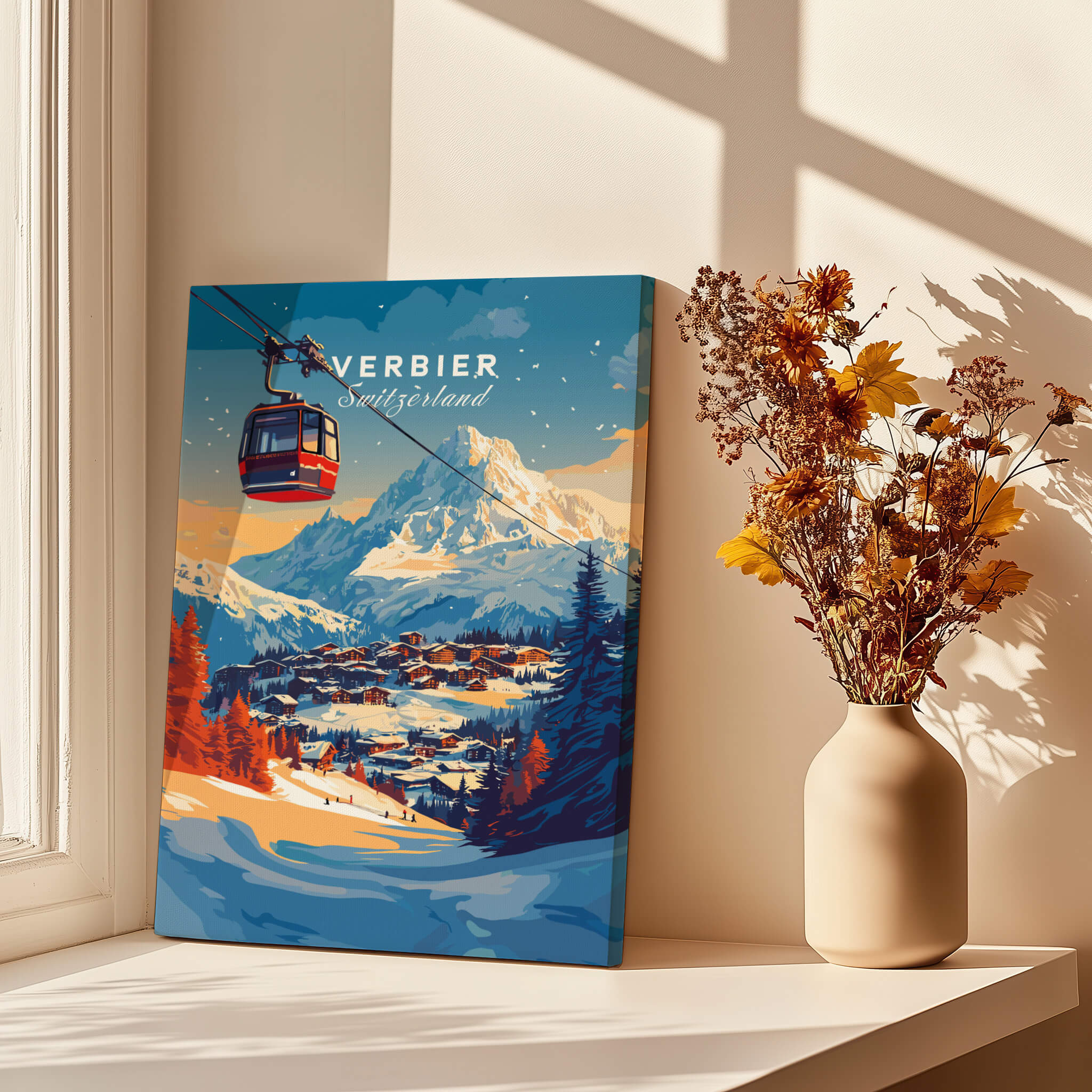 Verbier Wall Art featuring a ski print in a bright room with flowers.