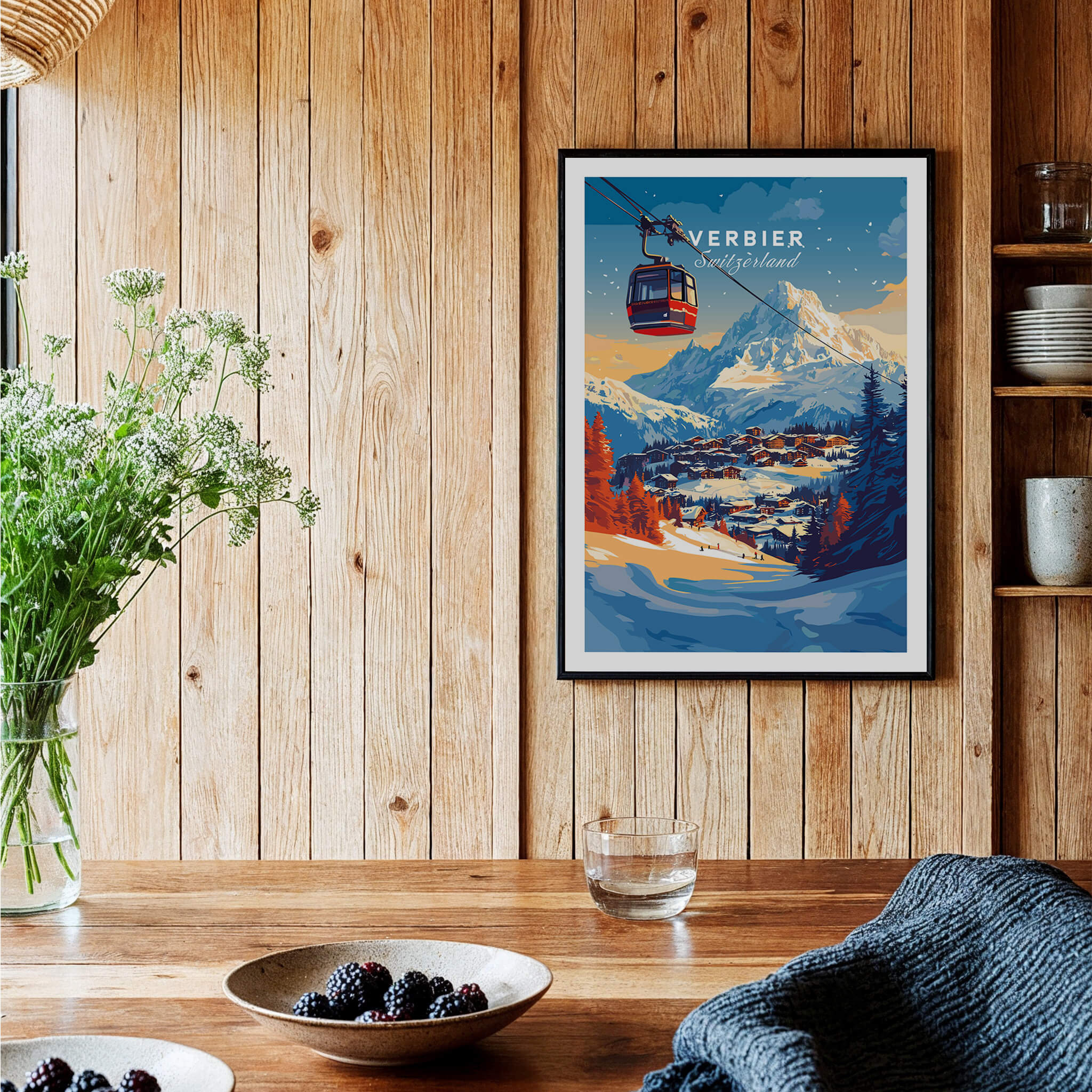 Verbier Wall Art showcasing a ski print in a cozy wooden interior with plants and decor.
