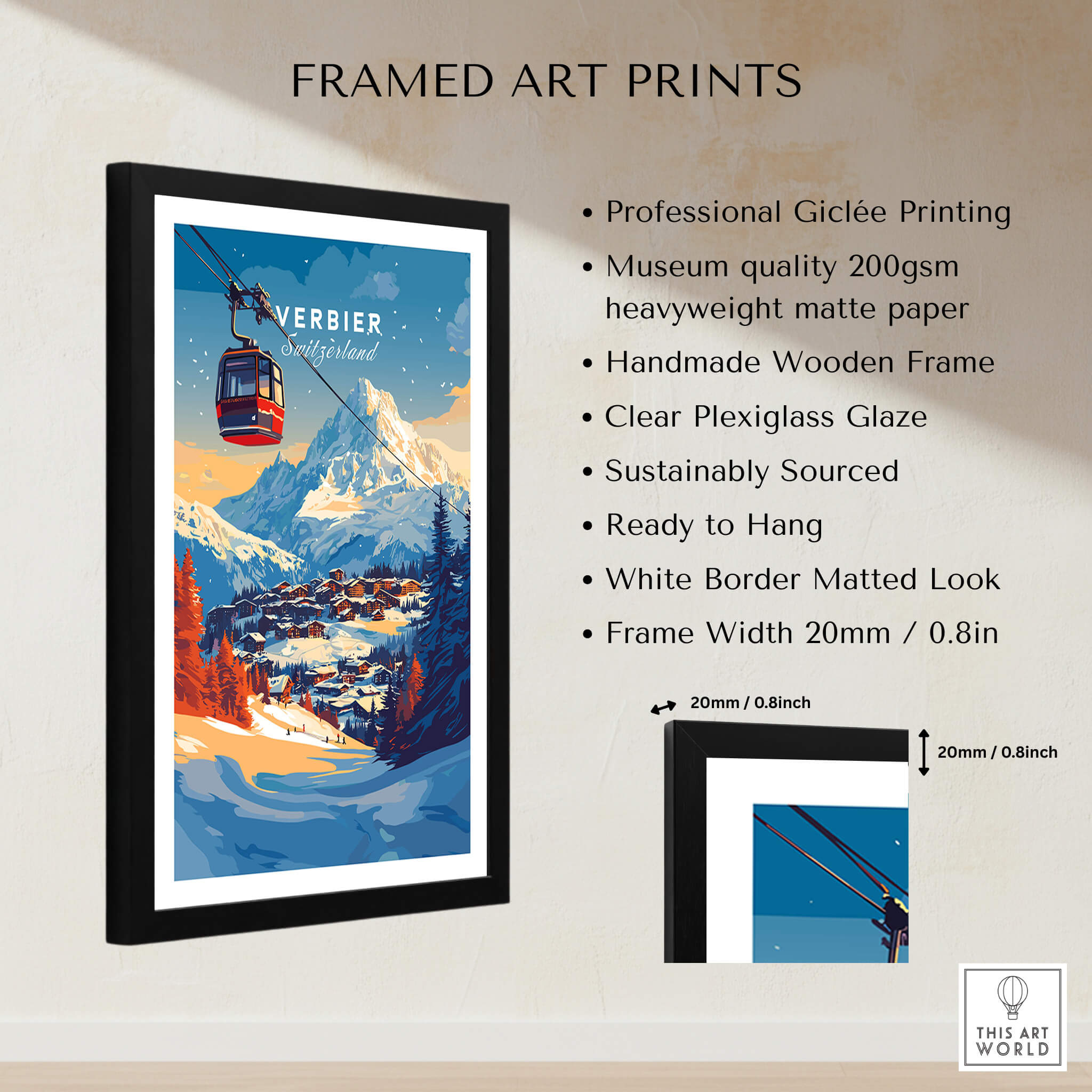 Verbier Wall Art framed print featuring ski lift and mountain scenery, perfect for ski enthusiasts and home decor.