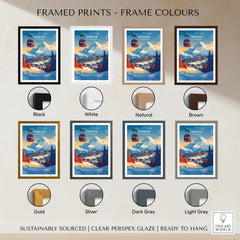 Various framed options for Verbier Wall Art, showcasing different frame colours including black, white, and natural finishes.