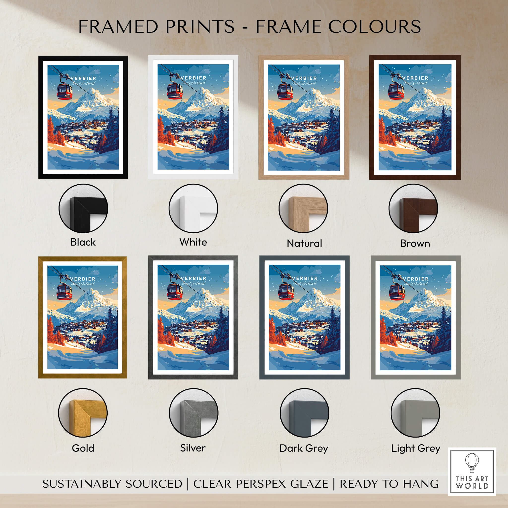 Various framed options for Verbier Wall Art, showcasing different frame colours including black, white, and natural finishes.