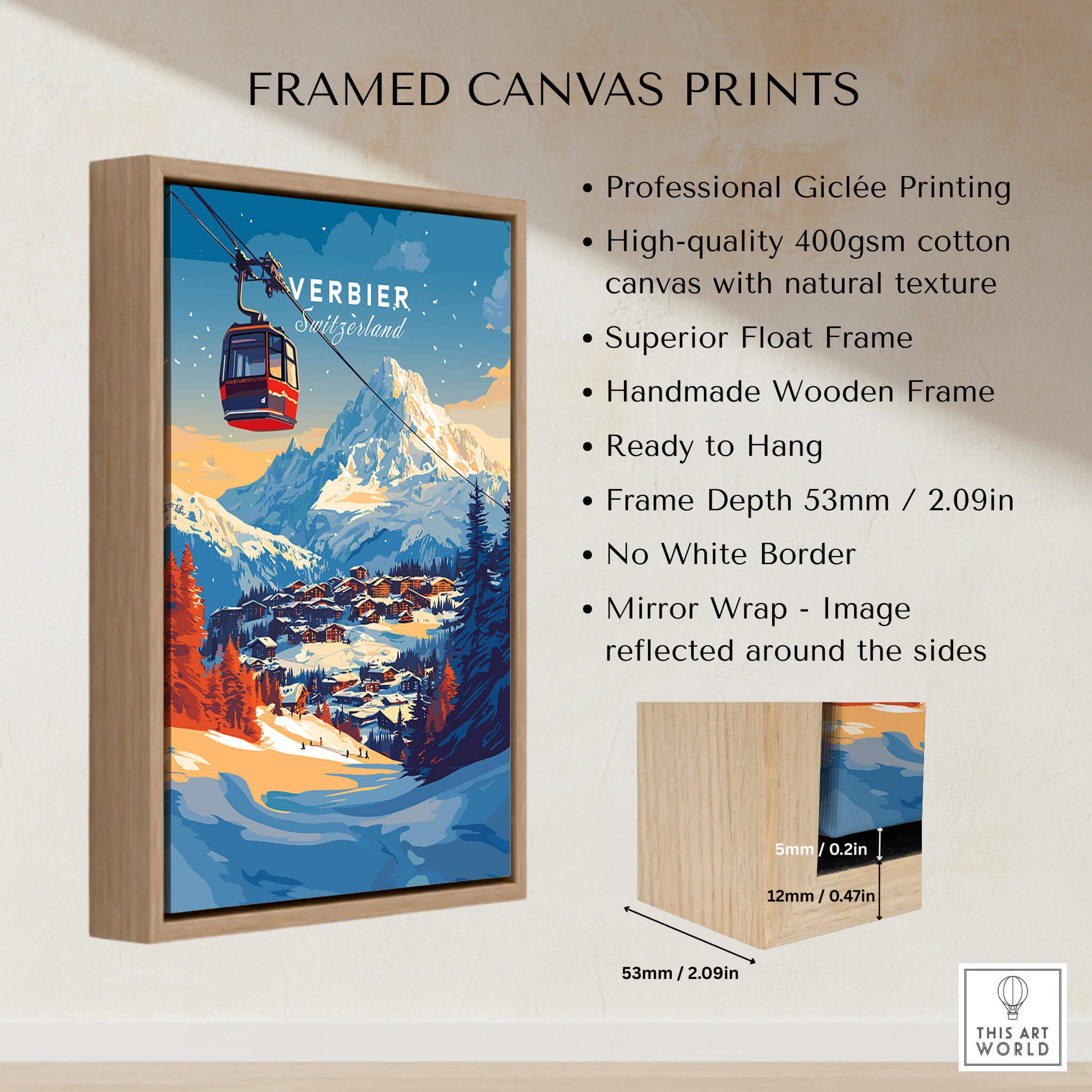 Verbier Wall Art framed canvas print featuring a stunning ski scene and handmade wooden frame.