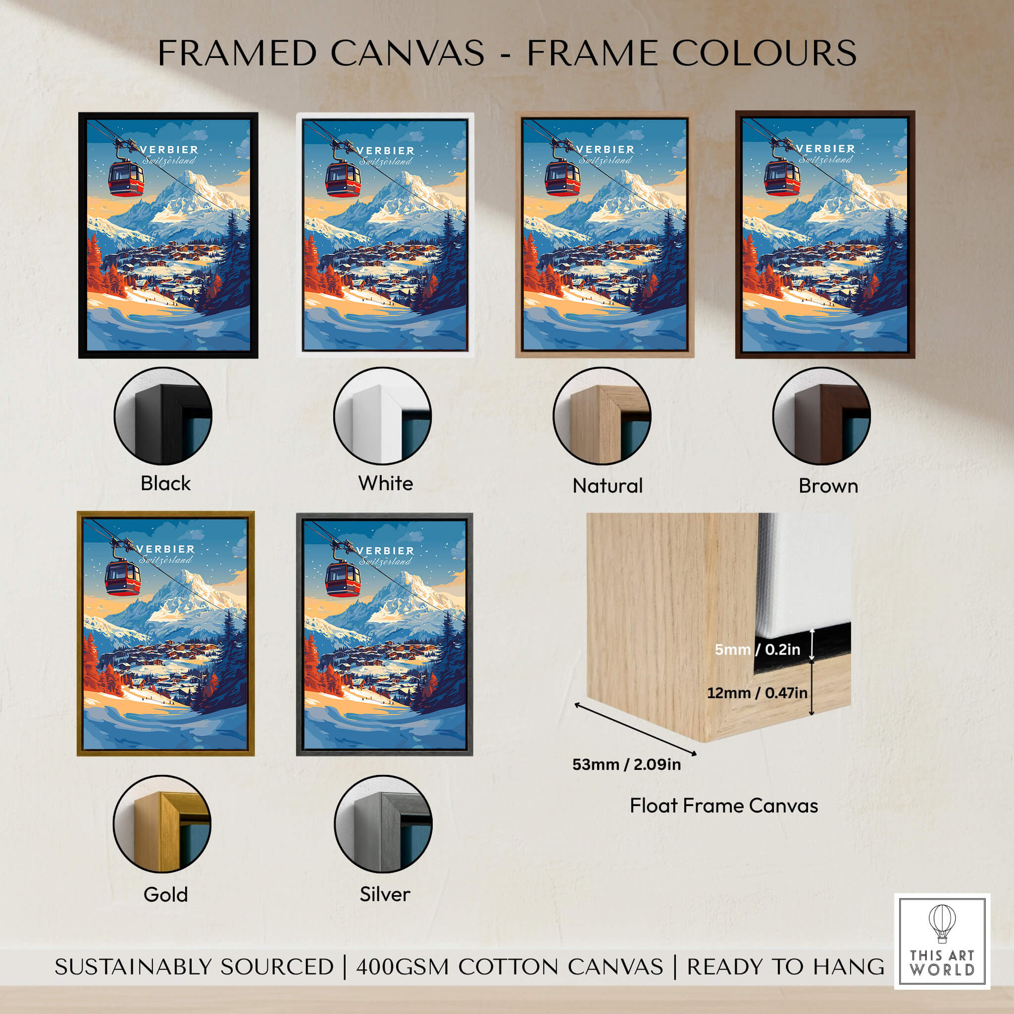 Framed canvas options for Verbier Wall Art in various colors including black, white, natural, brown, gold, and silver.