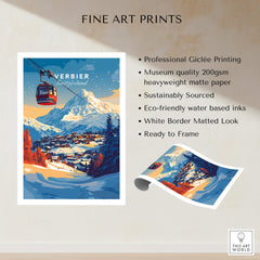 Verbier Wall Art featuring a vibrant ski print with mountains and a cable car, perfect for winter-themed home decor.