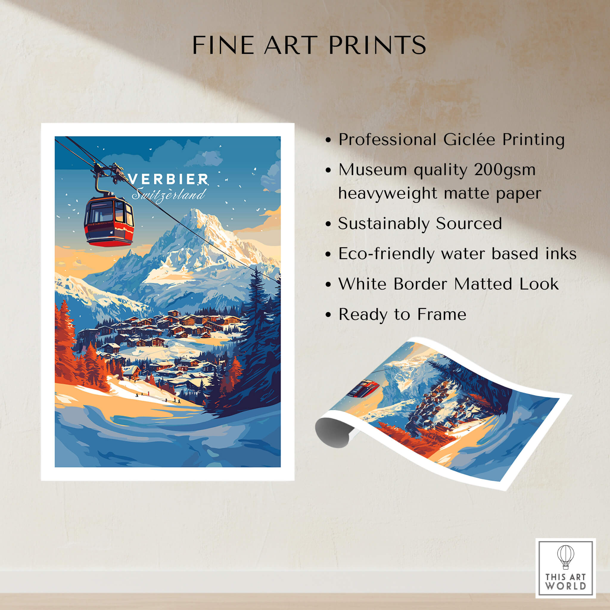Verbier Wall Art featuring a vibrant ski print with mountains and a cable car, perfect for winter-themed home decor.