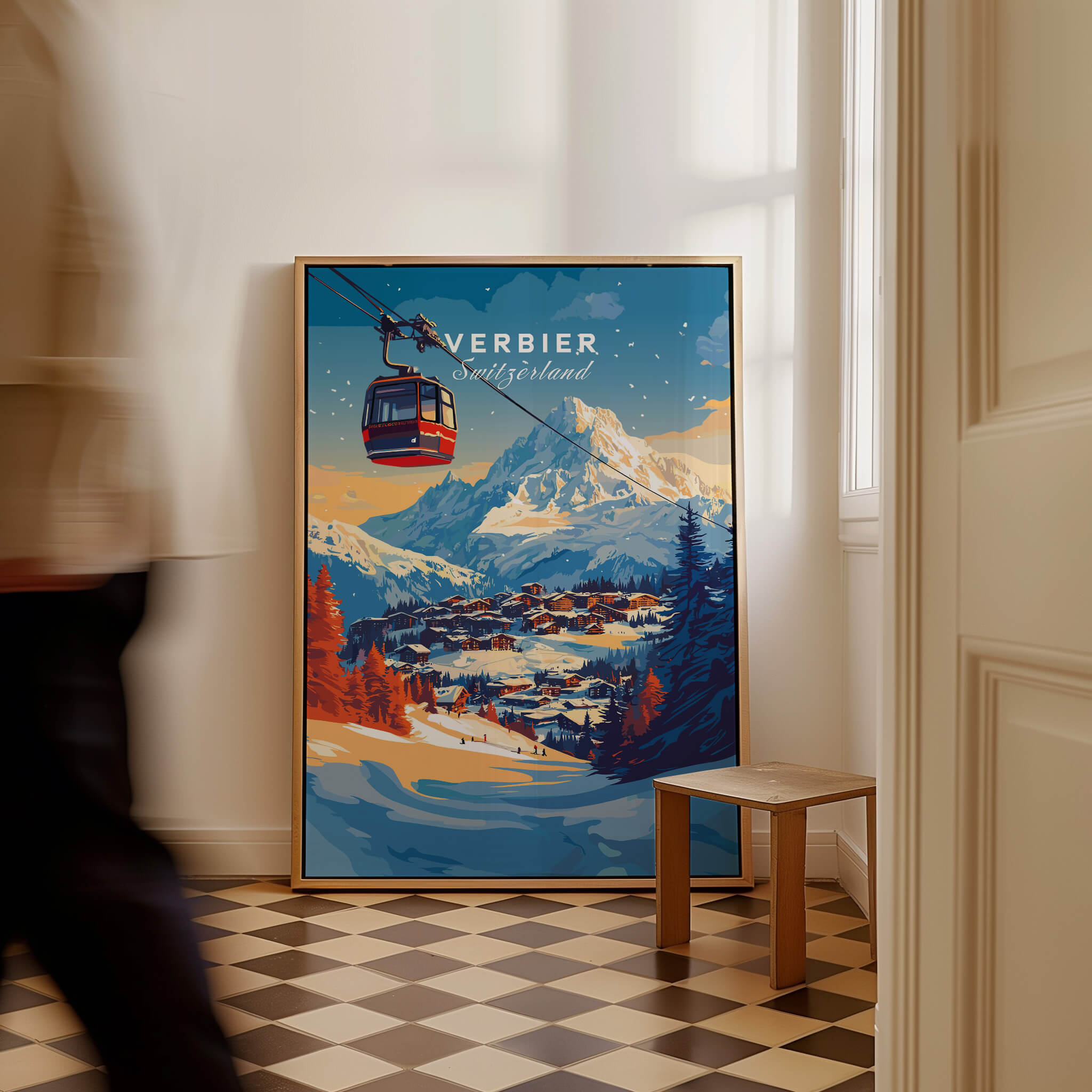 Verbier Wall Art featuring a scenic ski-themed print of Verbier, Switzerland displayed in a stylish interior setting.