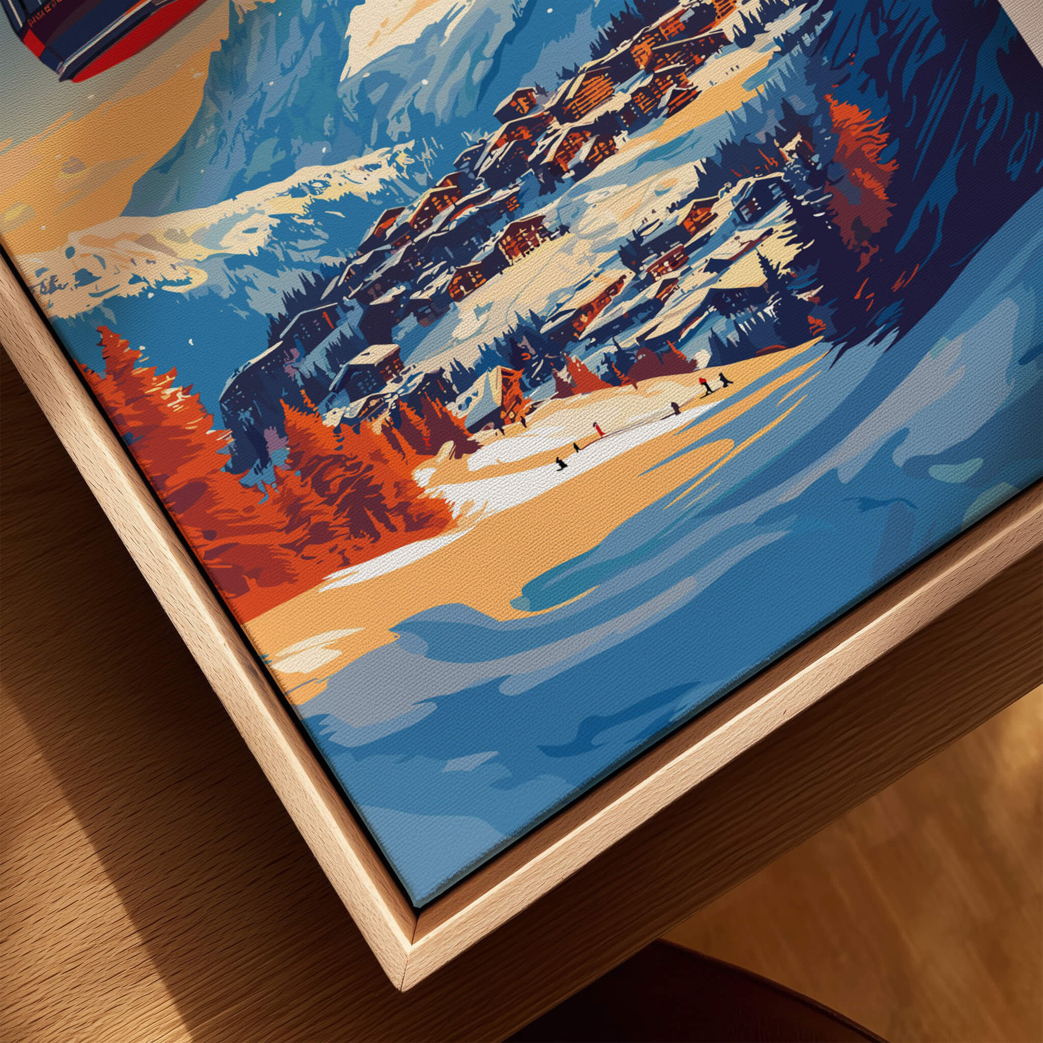 Verbier Wall Art showcasing a ski scene with vibrant colors, perfect for winter-themed home decor.
