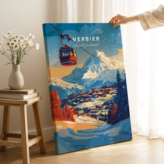 Verbier Wall Art featuring a ski scene with a gondola and mountain landscape, perfect for winter decor.