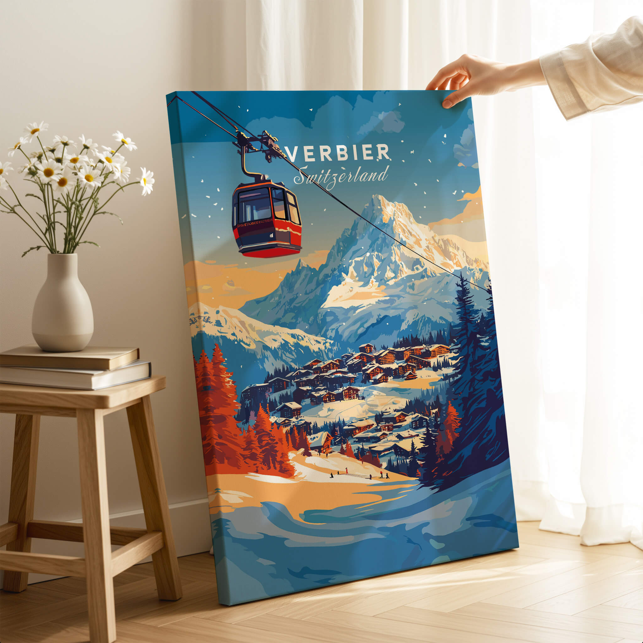 Verbier Wall Art featuring a ski scene with a gondola and mountain landscape, perfect for winter decor.