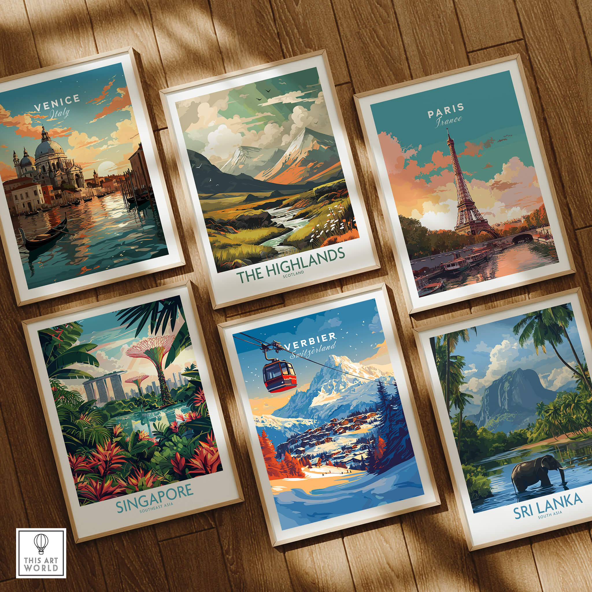 Verbier Wall Art collection featuring vibrant travel prints including Venice, The Highlands, Paris, Singapore, and Sri Lanka.