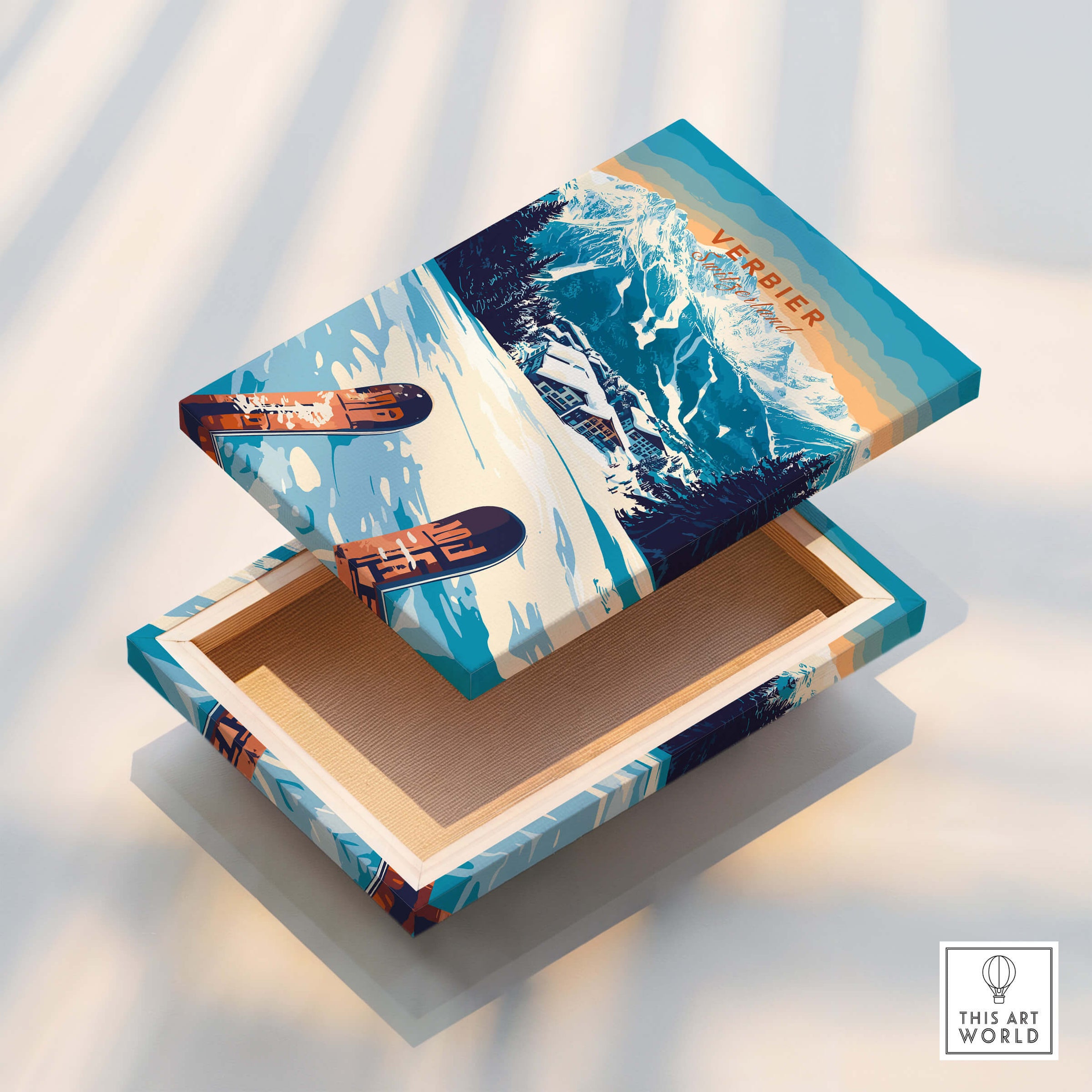 Verbier Print Switzerland decorative box showcasing stunning mountain design and skiing theme.