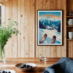 Verbier Print Switzerland showcasing ski slopes and majestic Swiss Alps in a stylish framed print.