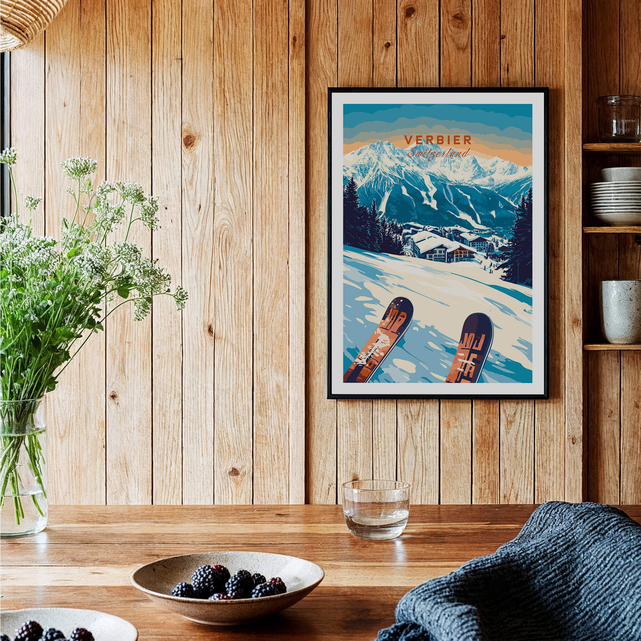 Verbier Print Switzerland showcasing ski slopes and majestic Swiss Alps in a stylish framed print.