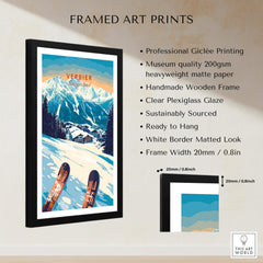 Framed Verbier Print Switzerland showcasing stunning alpine ski slopes and wooden frame details.