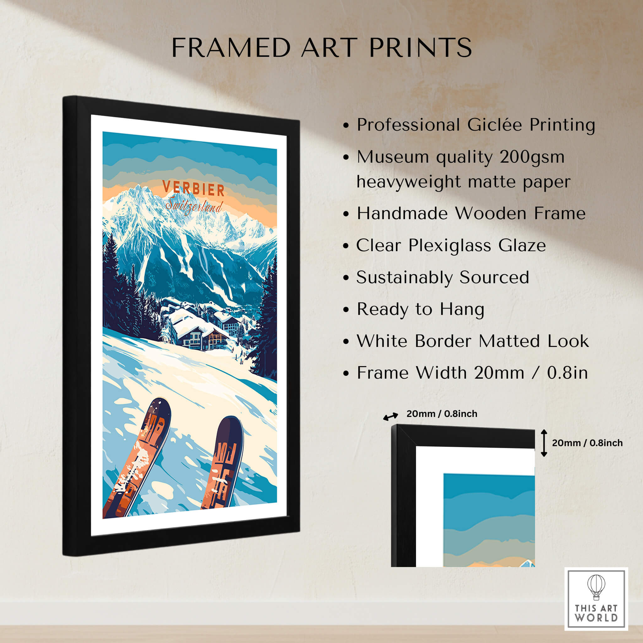 Framed Verbier Print Switzerland showcasing stunning alpine ski slopes and wooden frame details.
