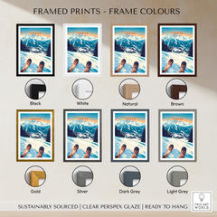 Framed Verbier Print Switzerland options showcasing various frame colors including black, white, natural, brown, gold, and silver.