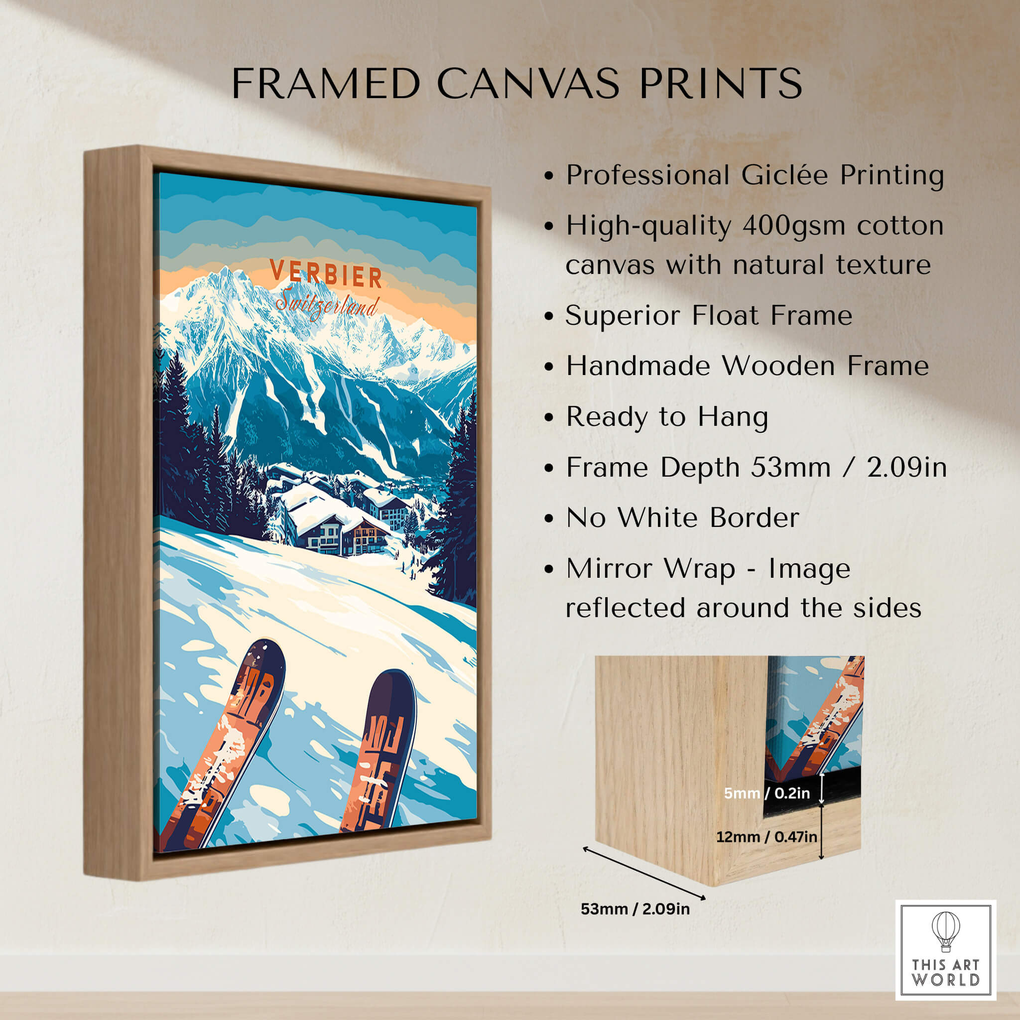 Framed canvas print featuring Verbier Print Switzerland with snowy Alps and ski design, ready to hang.