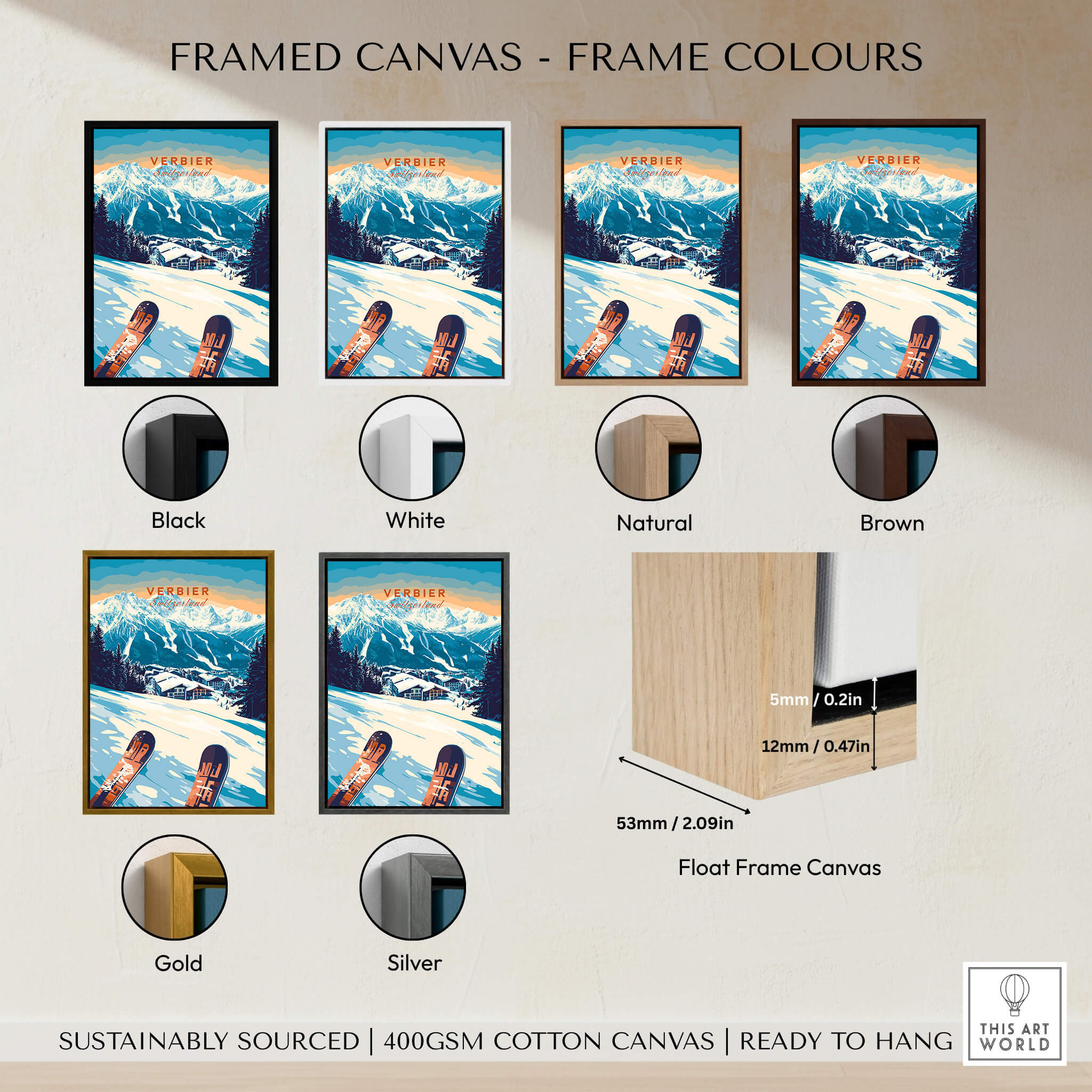 Framed canvas options for Verbier Print Switzerland, featuring various frame colors like black, white, natural, brown, gold, and silver.