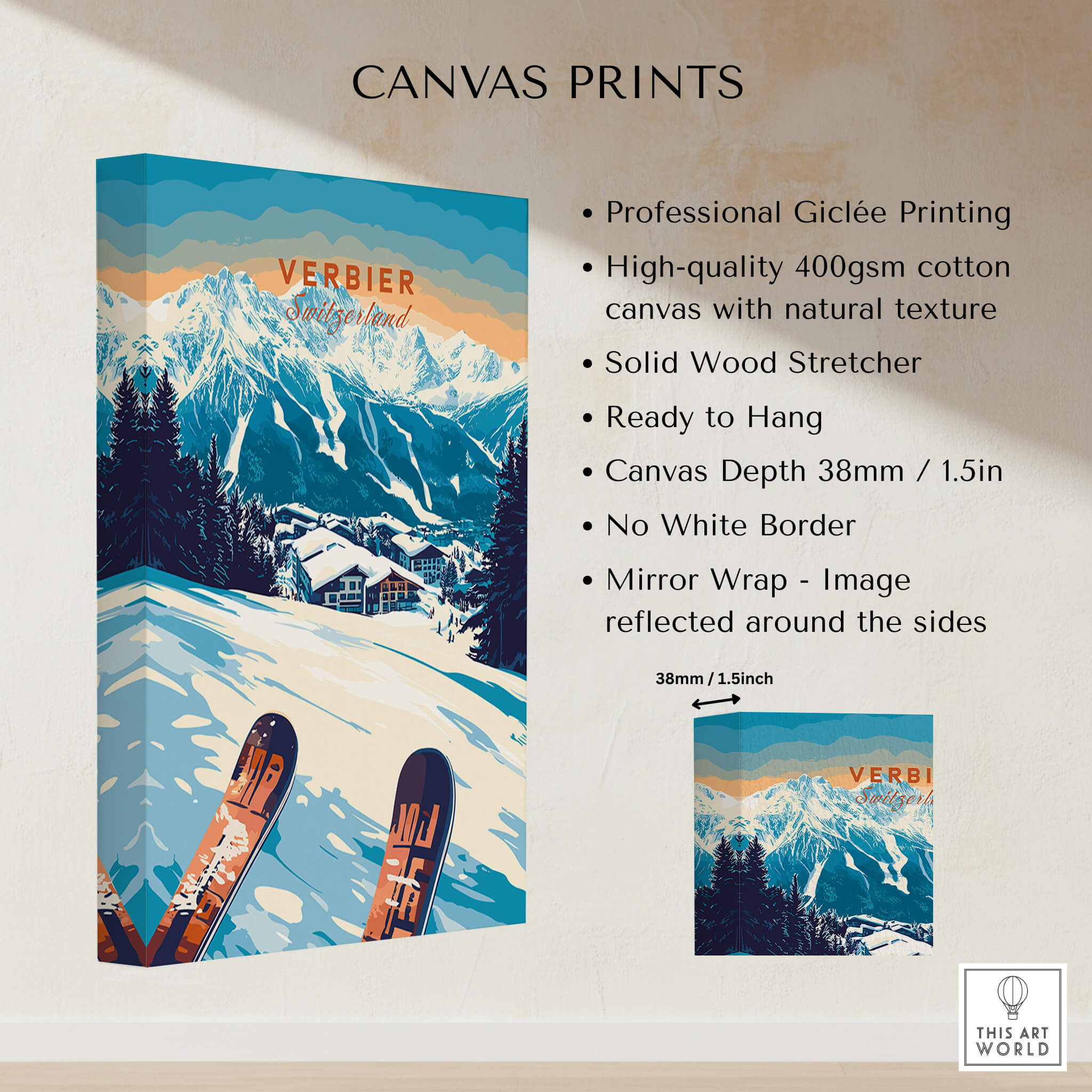 Verbier Print Switzerland showcasing a stunning ski scene with mountain slopes and vibrant colors, perfect for ski enthusiasts.