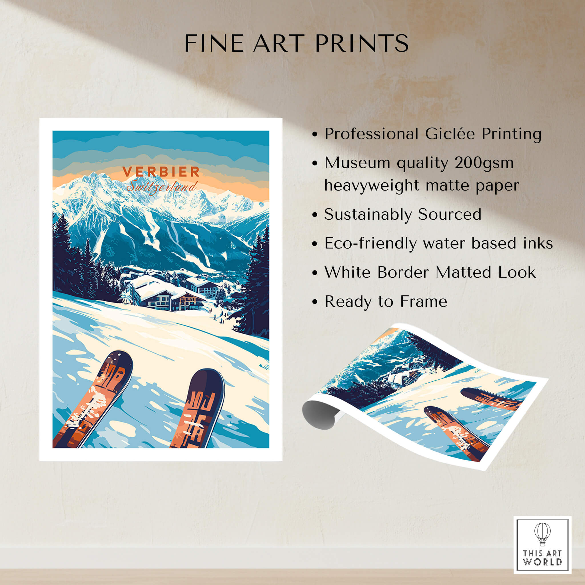 Verbier Print Switzerland featuring stunning Swiss Alps and skiing design on professional matte paper.