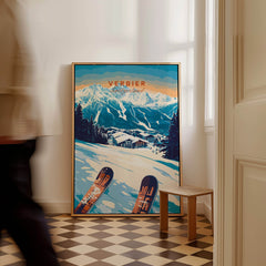 Verbier Print Switzerland showcasing a vibrant ski scene with mountains and skis in a stylish interior.