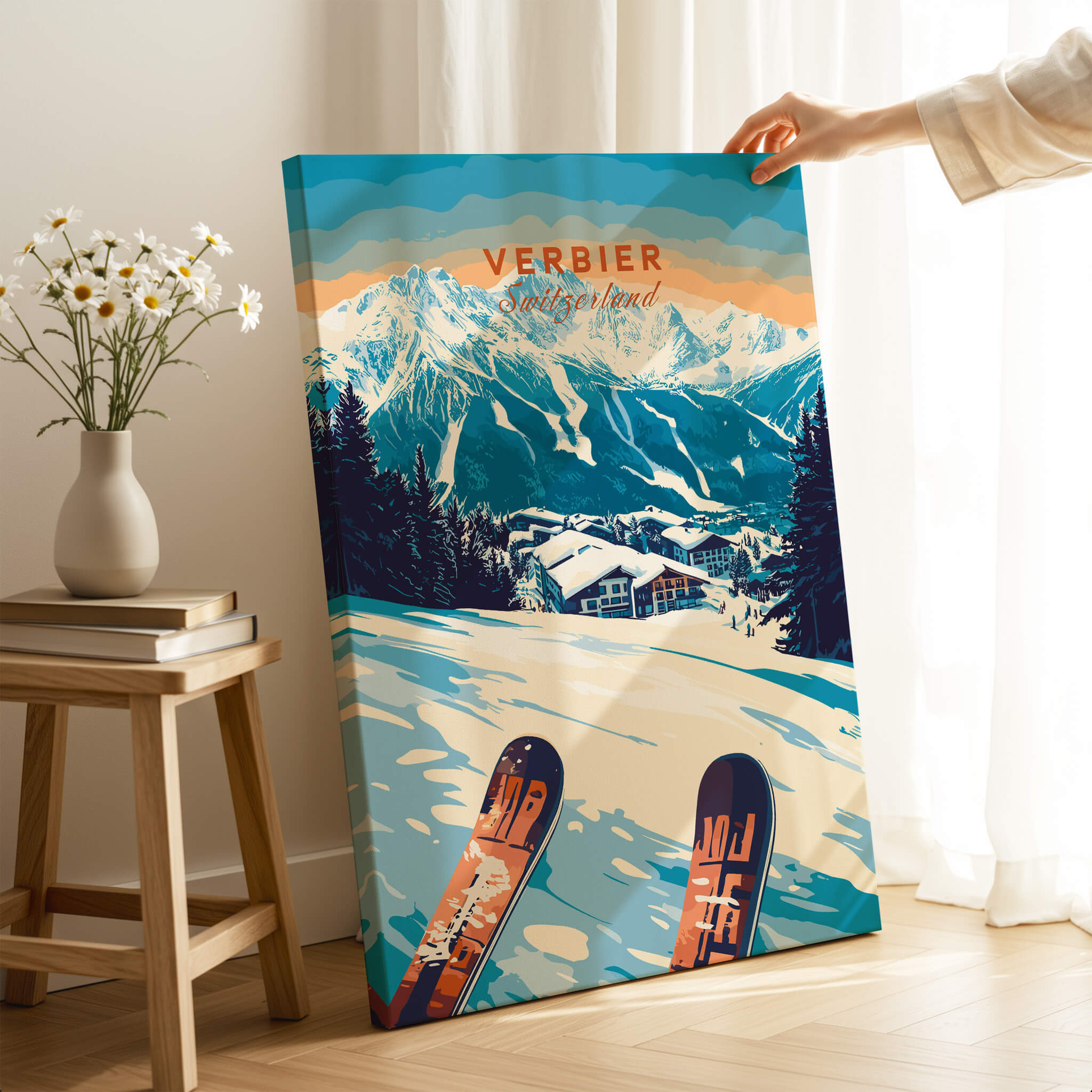 Verbier Print Switzerland showcasing ski slopes and Swiss Alps, perfect for ski enthusiasts and Swiss art lovers.