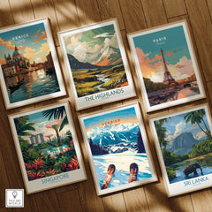 Collection of travel prints featuring Venice, The Highlands, Paris, Singapore, Verbier, and Sri Lanka.