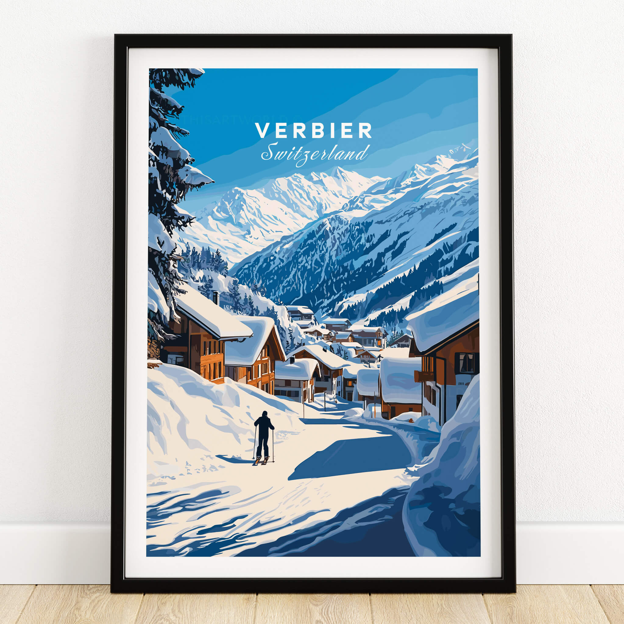 Verbier Ski Print Switzerland showcasing a scenic winter landscape and skier in the Swiss Alps.