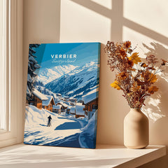 Verbier Ski Print Switzerland showcased in a cozy interior with a vase of flowers and winter landscape.