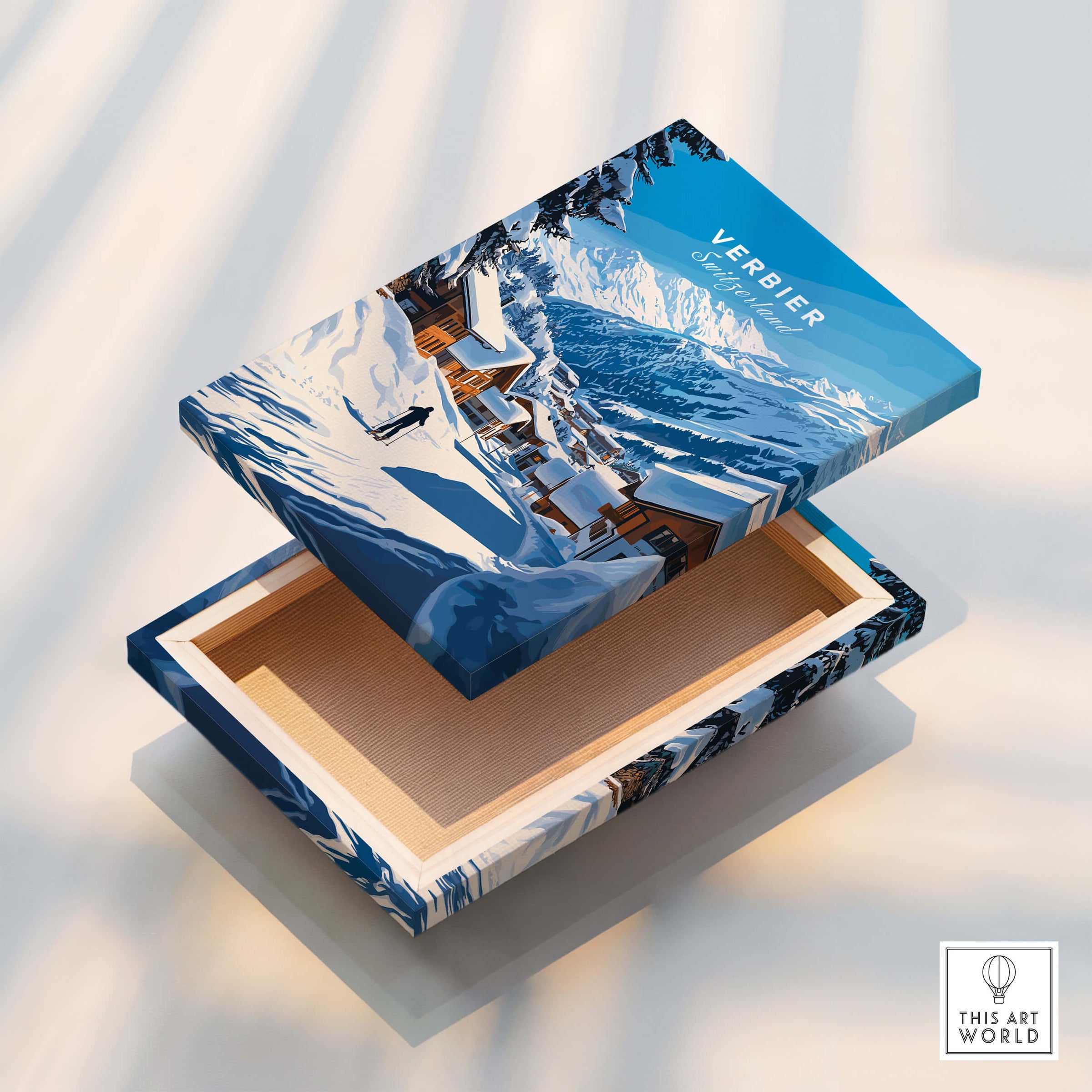 Verbier Ski Print Switzerland displayed on an open box showcasing a winter landscape.
