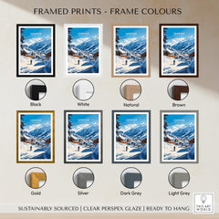 Various framed options for Verbier Ski Print Switzerland in multiple colors including black, white, gold, and brown.