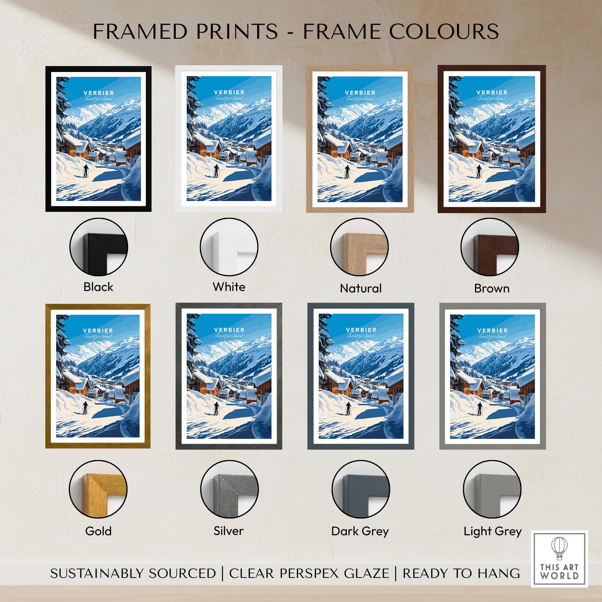 Various framed options for Verbier Ski Print Switzerland in multiple colors including black, white, gold, and brown.
