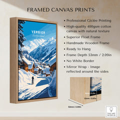 Verbier Ski Print Switzerland framed canvas print showcasing a winter scene in Verbier, Switzerland, ideal for ski enthusiasts.