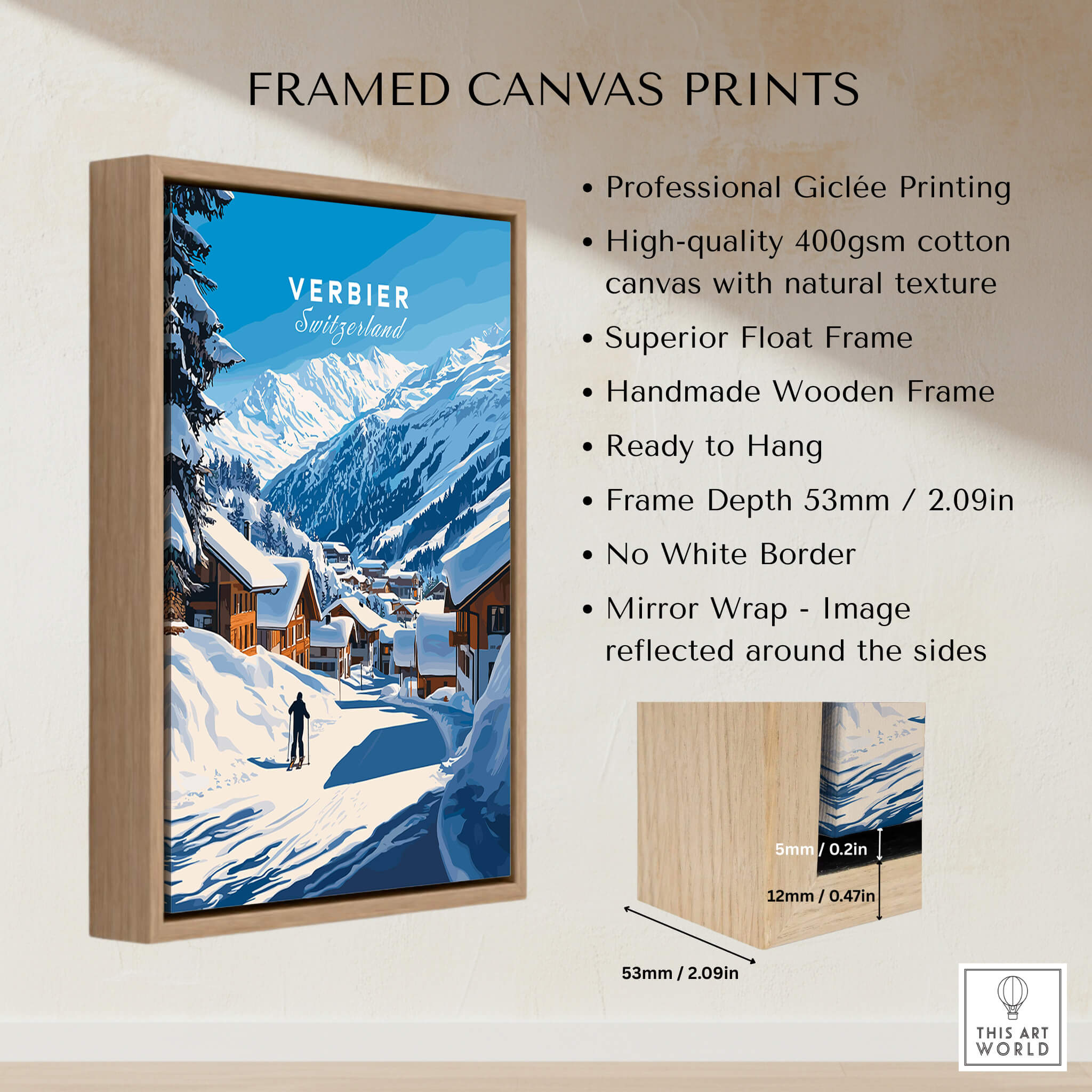 Verbier Ski Print Switzerland framed canvas print showcasing a winter scene in Verbier, Switzerland, ideal for ski enthusiasts.