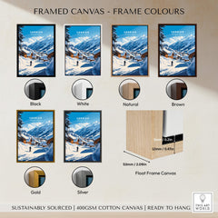 Framed canvas options for Verbier Ski Print Switzerland in various colors including black, white, natural, brown, gold, and silver.