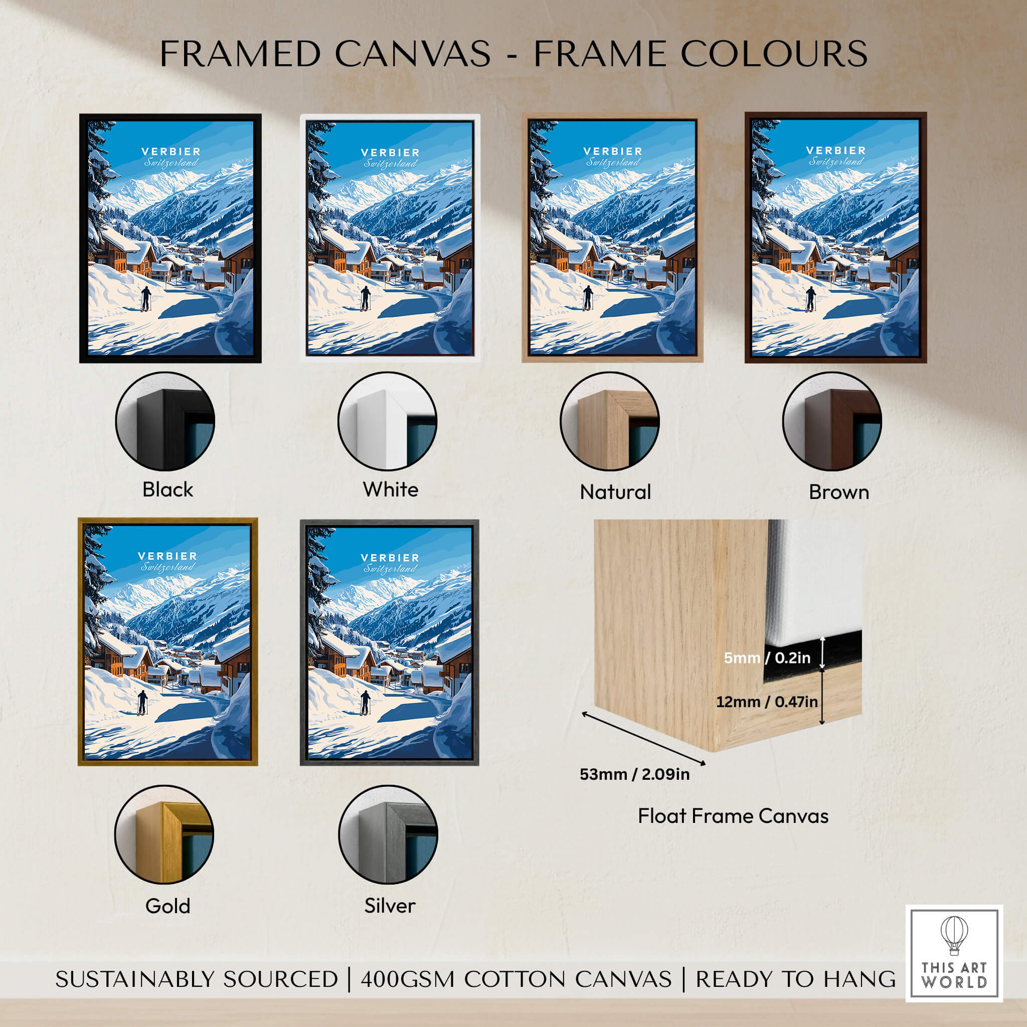 Framed canvas options for Verbier Ski Print Switzerland in various colors including black, white, natural, brown, gold, and silver.