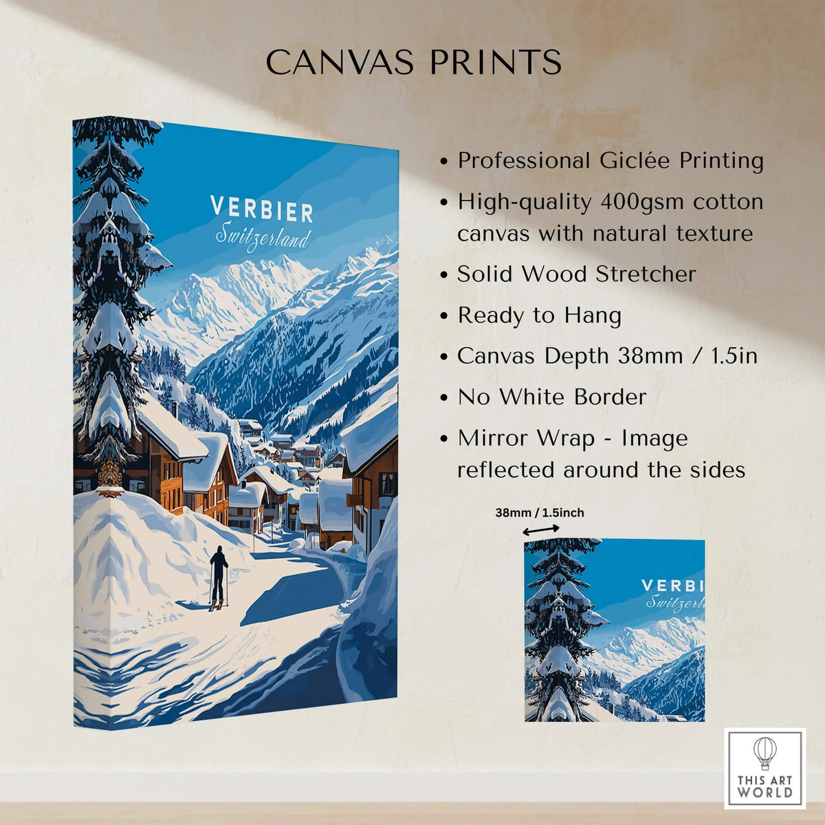 Verbier Ski Print Switzerland showcasing professional Giclée printing on high-quality cotton canvas.