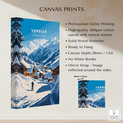 Verbier Ski Print Switzerland showcasing professional Giclée printing on high-quality cotton canvas.