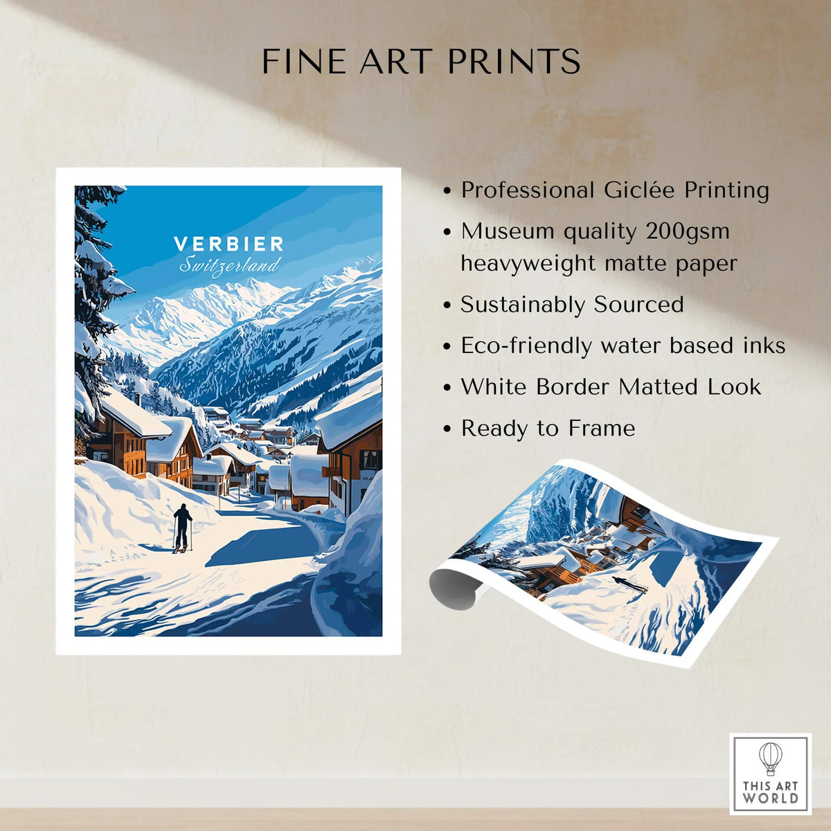 Verbier Ski Print Switzerland showcasing a stunning winter landscape and ski scene in Verbier, Switzerland.