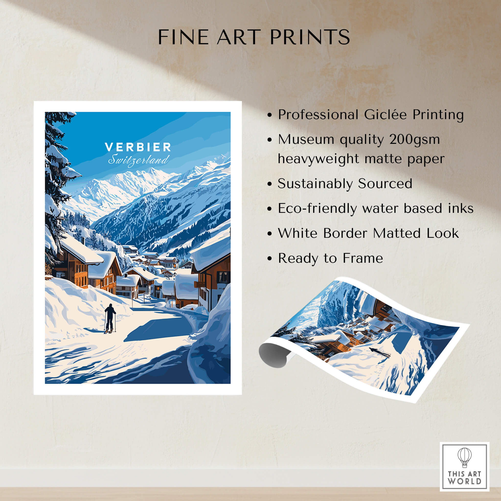 Verbier Ski Print Switzerland showcasing a stunning winter landscape and ski scene in Verbier, Switzerland.