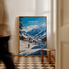 Verbier Ski Print Switzerland featuring a snowy landscape in a modern interior setting.