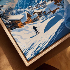 Verbier Ski Print Switzerland - Beautiful winter landscape with a skier and snow-covered chalets in Verbier, Switzerland.