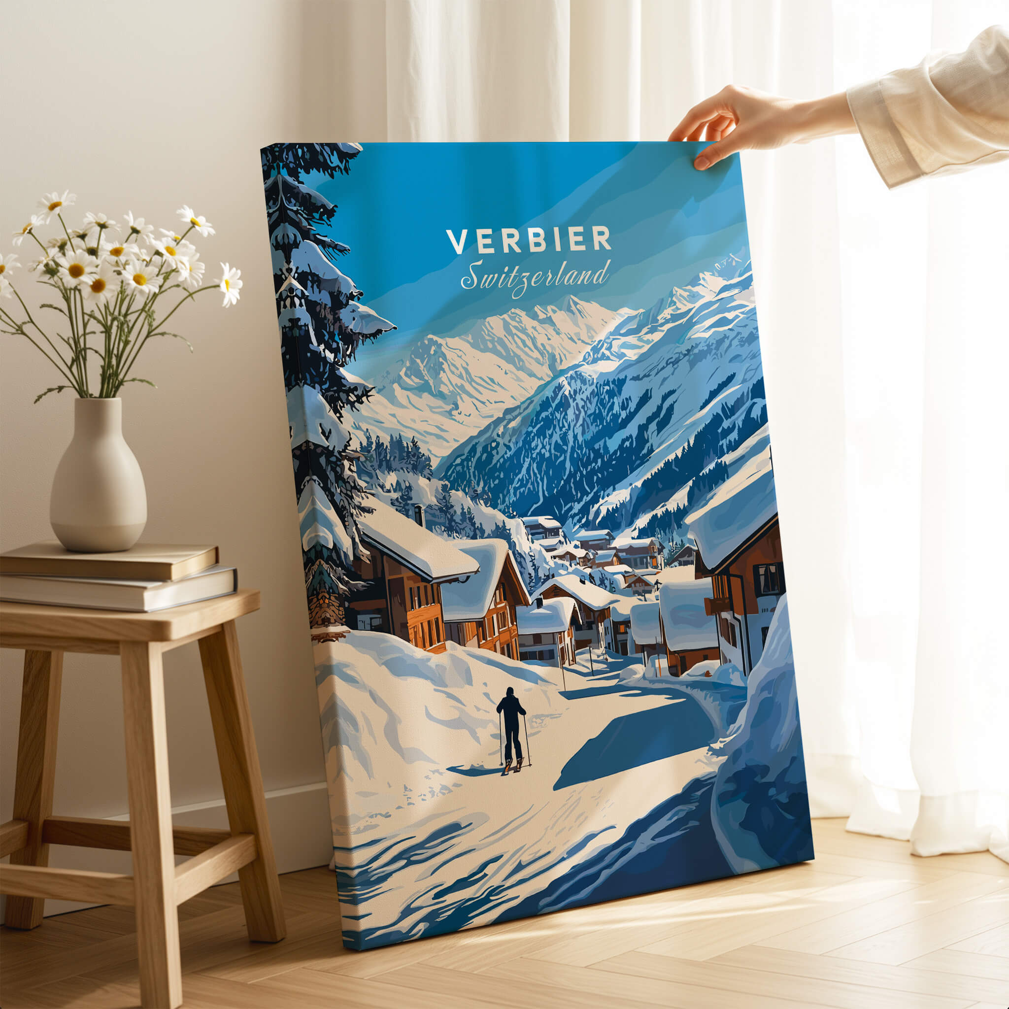 Verbier Ski Print Switzerland showcased in a cozy interior setting, perfect for ski enthusiasts.